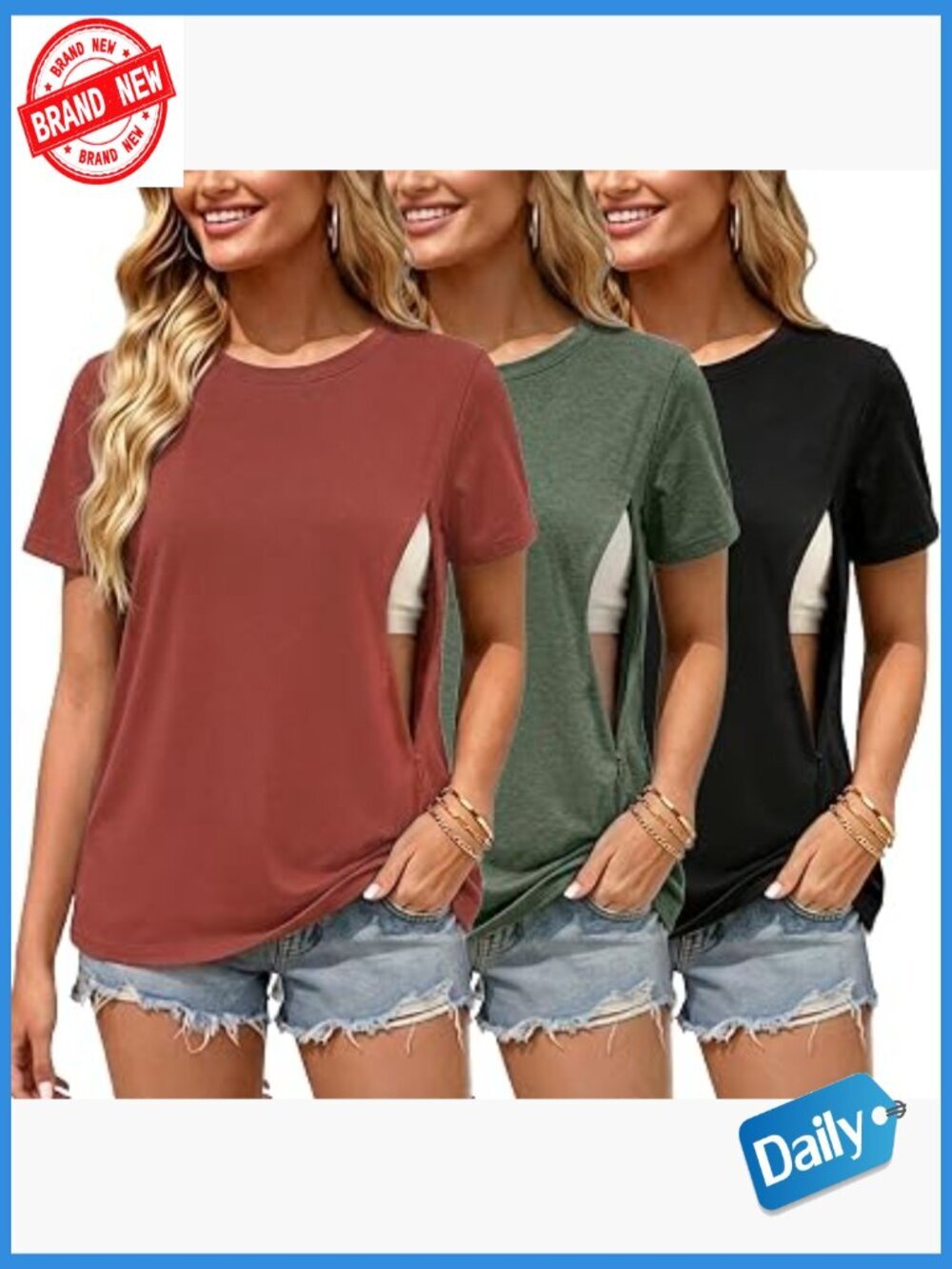 3-Pack Nursing Shirts with Hidden Zippers Loose Fit Maternity Tops